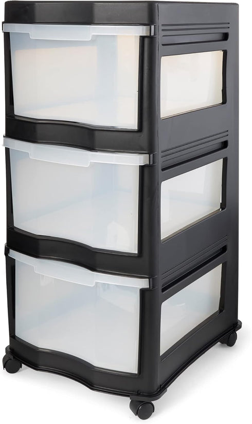 Life Story Classic 3 Tier Shelf, Standing Plastic Storage Drawers and Organizer with Wheels for Home, Black/Clear