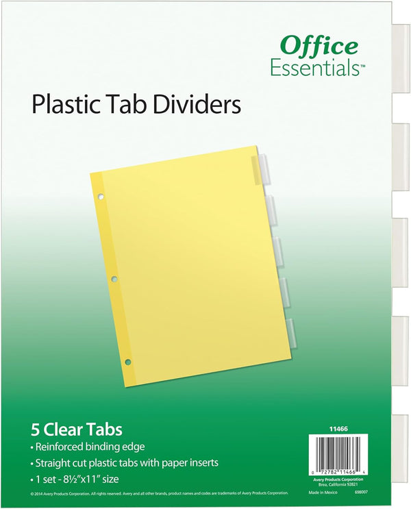 Office Essentials Insertable Dividers, 8-1/2"x11", 5 Tab, Buff Paper, Clear Tab, 1 Set (11466)