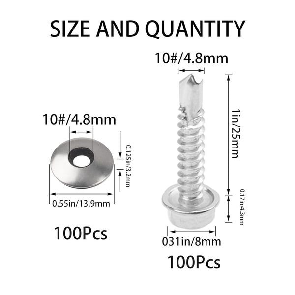 100Pcs #10x1'' Self Drilling Screws with Rubber Washer, 410 Stainless Steel Hex Head Self Tapping Roofing Screws