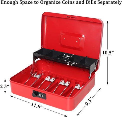 Jssmst Large Locking Cash Box with Money Tray, Metal Money Box with Combination Lock, Cash Safe with Security Cable, Red