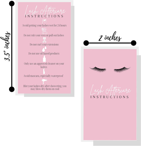 Lash Extension Aftercare Instructions Cards, 50 Pack, 2x3.5" Business Card Size, Pink Card Design