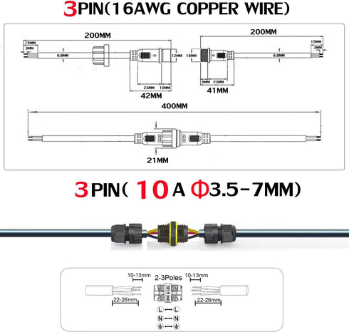 Waterproof Connectors 3 Wire, 16AWG Male Female Plug LED Connector with M16 Electrical Cable for Indoor/Outdoor Use