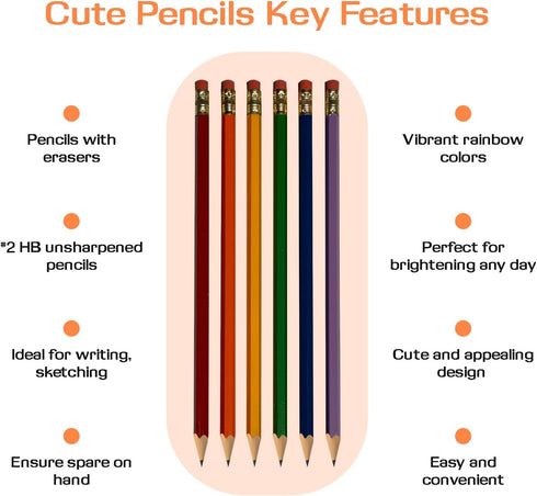 Cute Pencils 6-Pack - Unsharpened #2 HB Pencils - Pencils with erasers - Ideal for School, Sketching, Writing - Rainbow Colors: Red, Orange, Yellow, Green, Blue, Purple