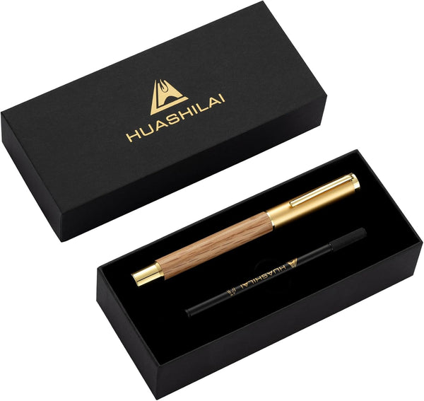 Luxury Wooden and Metal Rollerball Pen Set with Spare Gel Ink Refill,Rosewood,White