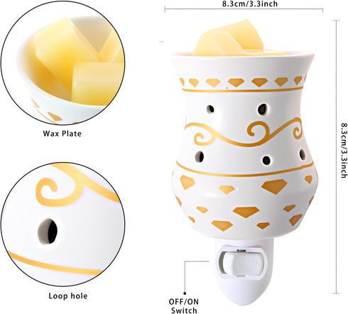 TTJ Plug-in Wax Warmer, Ceramic Fragrance Lamp with Golden Pattern, Night Light Function for Home Decor, Ideal for Wax