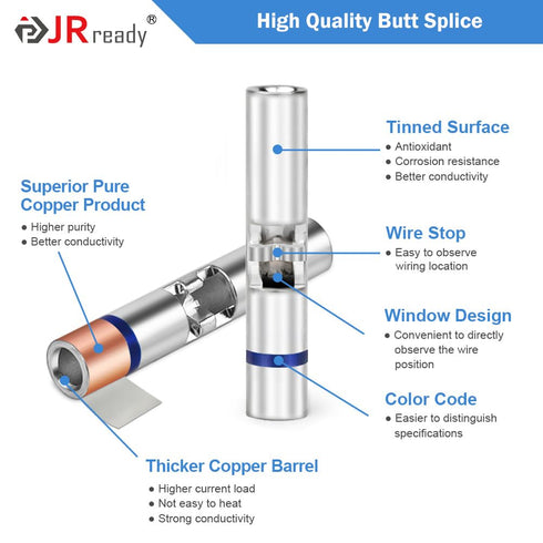 JRready 100 Sets IP68 Waterproof Crimp Connectors, 20-16 AWG Blue Butt Connectors, Tinned Copper