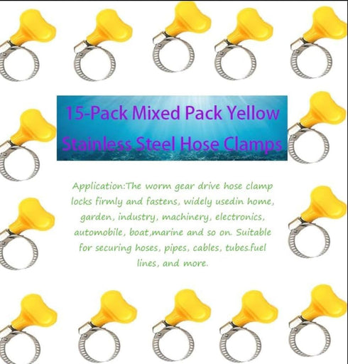 15-Pack Mixed Pack Yellow Stainless Steel Hose Clamps, Adjustable Thumb Screw Key Type Clamps, (8-12mm, 13-19mm, 19-29mm) Size 5pcs each, Great for plumbing, automotive and mechanical applications