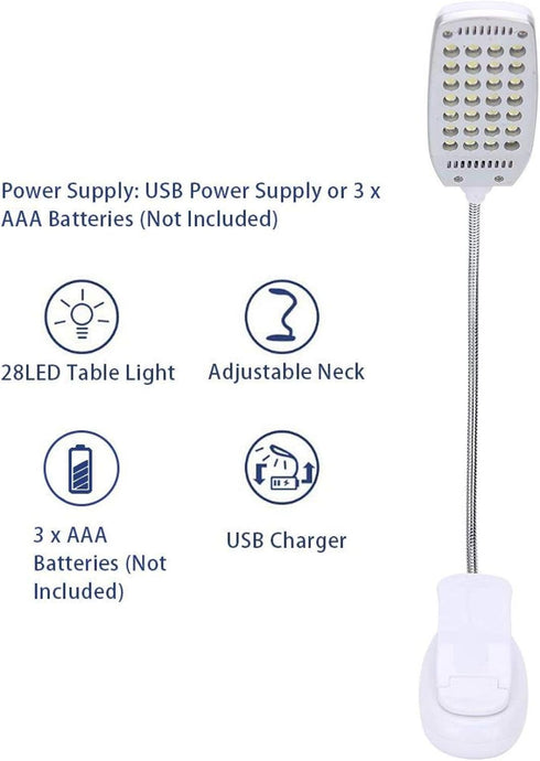 Haofy 6W Desk Lamp, 28 LED Clip-On Reading Light, 360 Degree Rotating Table Lamp, USB Rechargeable/Battery