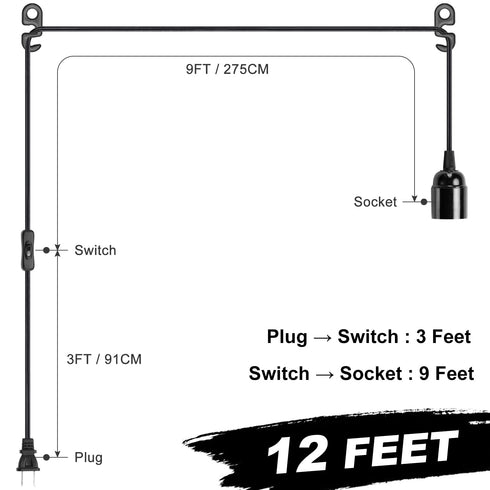 SIXZOONM 12Ft E26 Bulb) Extension Hanging Light Cord with Socket, Pendant Light Cord with Base, On/Off Switch