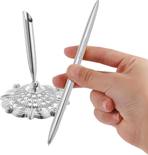Hollow Round Pen Holder Signing Pen Set for Wedding, Bridal Engagement, Valentine's Day Favors, Silver