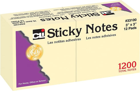 Charles Leonard Sticky Notes, 3 x 3 Inch, 100 Sheets/Pad, Yellow, 12 Pads Per Pack