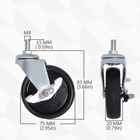 AXL M8 Threaded Locking Casters Wheels, 3 Inch Stem Casters with Brake,Used for Standing Desk Frames, TV Stands, Carts, and More (Pack of 4 / M8x15mm)