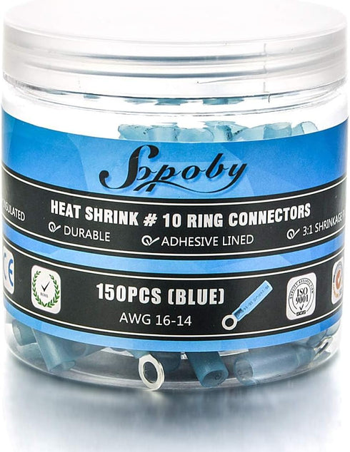 150PCS Heat Shrink Crimp Ring Connectors #10 Blue 16-14 AWG, Sopoby Electrical Ring Terminals Kit