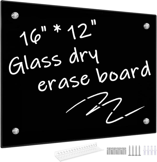 Okydoky 12" x 16" Black Glass Dry Erase Whiteboard - Frameless for Home, School, Office