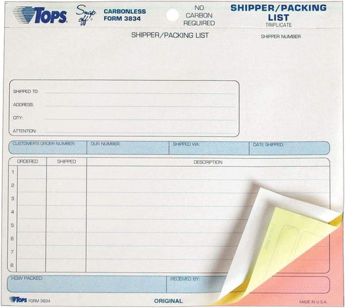 TOPS Shipper/Packing List Form, Triplicate, Carbonless, 8.5 x 7 Inches, 50 Sets Pack (3834), Purple; White
