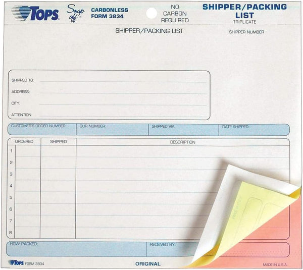 TOPS Shipper/Packing List Form, Triplicate, Carbonless, 8.5 x 7 Inches, 50 Sets Pack (3834), Purple; White