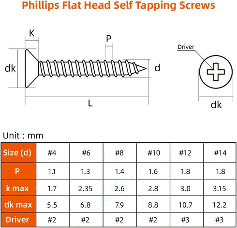 #6 x 3/8" Flat Head Sheet Metal Screws, Self Tapping, Stainless Steel 18-8 (304), 100 PCS