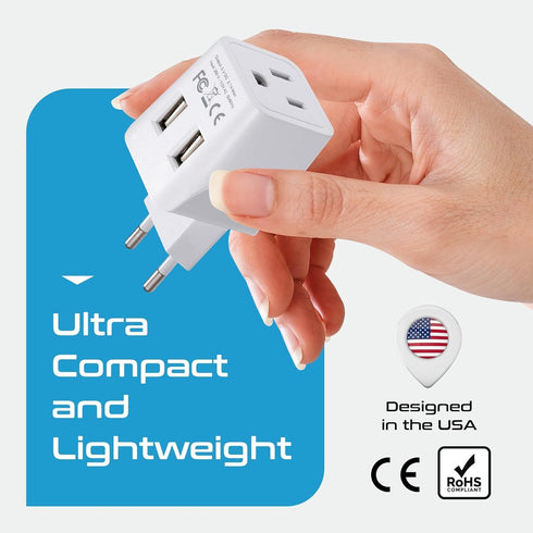 Ceptics European, Egypt Travel Adapter Plug with Dual USB - Type C - 2 Pack - Light Weight for Cell Phones, Chargers,