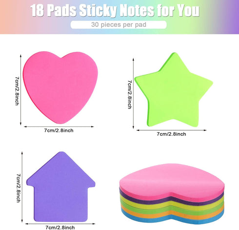 Outus 540 Sheets Star Sticky Notes, 3 x 3 Inch Heart Arrow Star Shaped Self Sticky Notes 6 Multi Colors for Reminders,