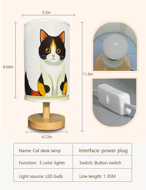 Light,3 Bulb Cat Lamp, Cat Night Color Night Light Wood Nightstand Desk Base Flaxen Fabric Shade for Bedroom Living