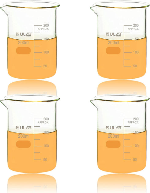 ULAB Scientific Glass Beakers, 200ml Vol., 3.3 Borosilicate Griffin Low Form, Pack of 4, UBG1032