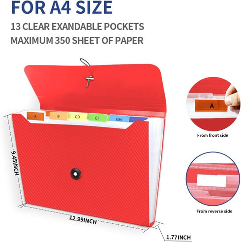 Expanding File Folder, 13 Pockets Accordion Organizer for A4 Letter Size Documents, Red, Ideal for Classroom, Home,