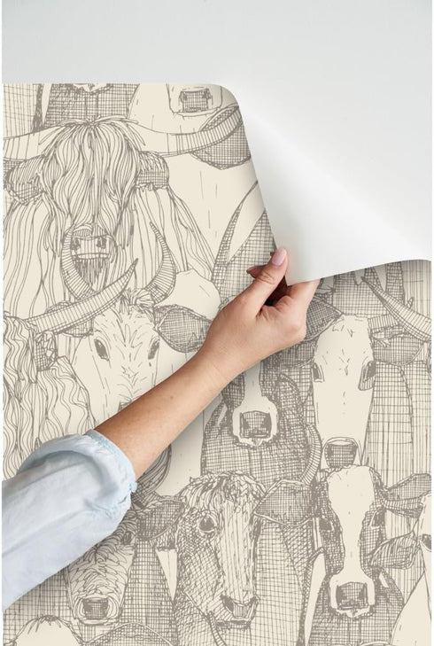 3ft 2ft Spoonflower Peel & Stick Wallpaper x - Neutral Cow Cattle Farming Rustic Farmhouse Dairy Friesian Bull Ox