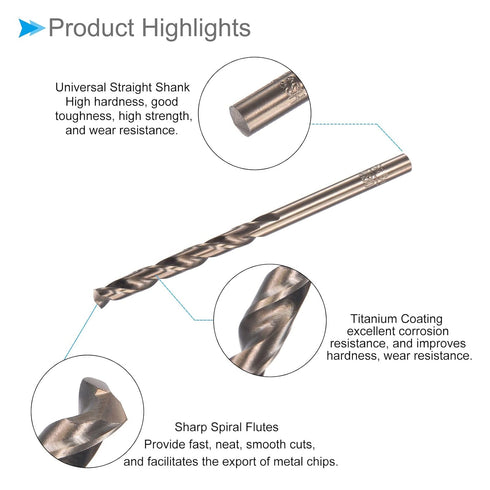 Twist Drill Bits, 4.6mm Drilling Diameter, Titanium Coated High Speed Steel 6542, 2-Pieces for Stainless Steel