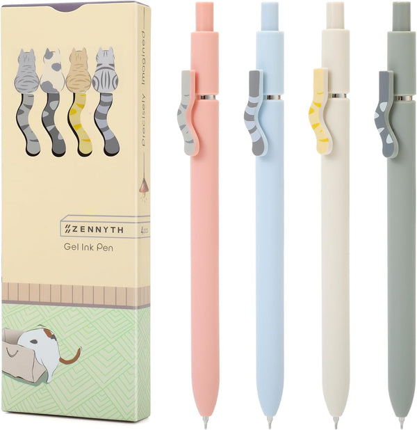 FIOVER Cat Pens, 4 Pcs Gel Pens, 0.5mm Quick Dry Black Ink, Fine Point Smooth Writing for Cat Lover Gifts