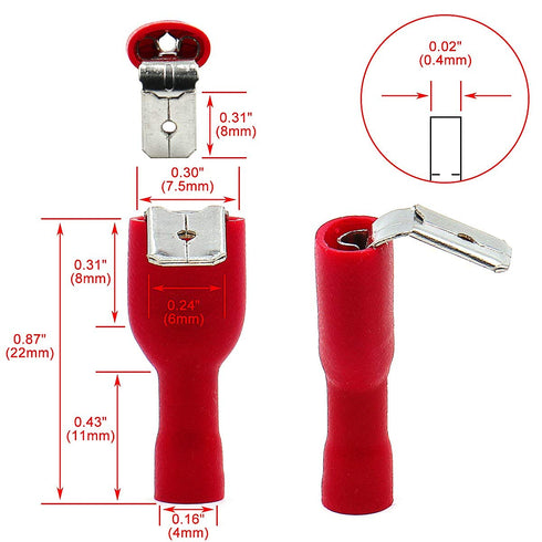 Baomain 1/4" Piggyback Spade Crimp Terminal Connector, 0.5-6.0mm² 22-10 AWG, Pack of 100