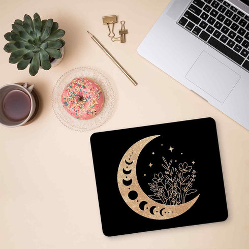 Black Gold Moon Mouse Pad 9.4 x 7.9 Inch, Boho Non-Slip Rubber Mat Mousepad for Desk by TNUW