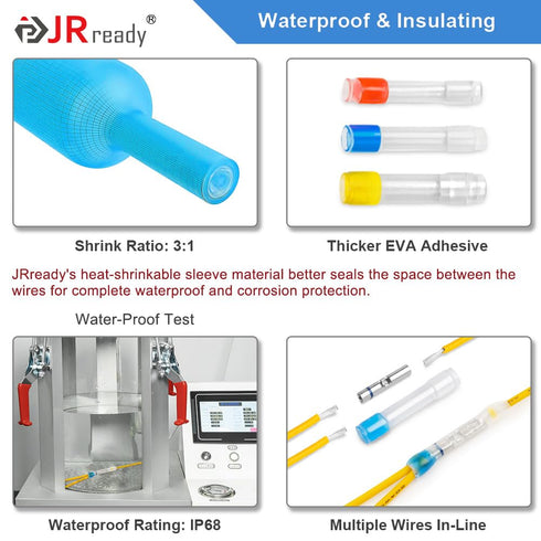 JRready 100 Sets IP68 Waterproof Crimp Connectors, 20-16 AWG Blue Butt Connectors, Tinned Copper