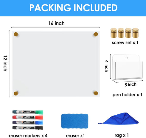 MaxGear Acrylic Dry Erase Board 16''x12'', Wall Hanging Non-Magnetic Floating Whiteboard with Marker Holder