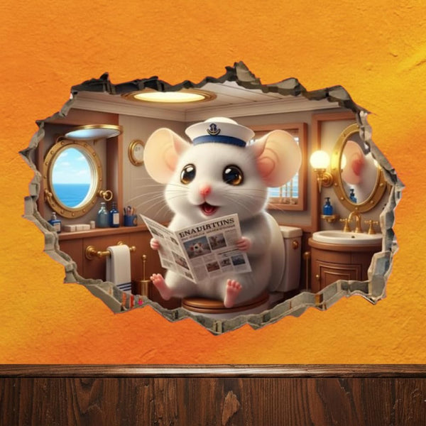 Mouse Sitting on Toilet in Mouse Hole Decal, Mouse Hole Sticker with
