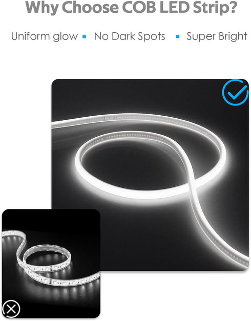 5M 16.4ft 6000K 110V ~120V Closet COB Led Strip Lights for Outdoor Waterproof LED Rope Lights Daylight White AC