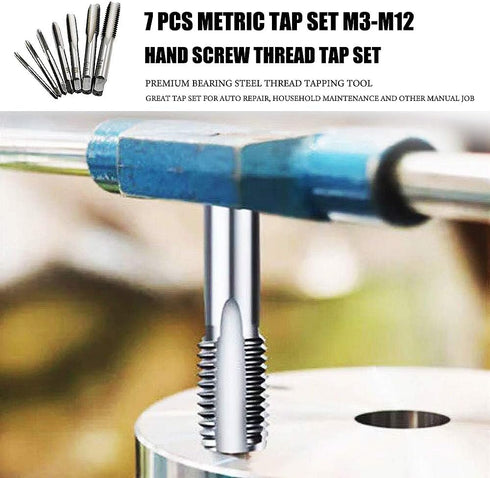 Metric Tap Set, HSS Hand Screw Thread Tapping Tool 7PCS M3-M12 Drill Bits Set