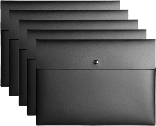 VANRA 5 Pieces A4 Envelopes Folders, Plastic Wallets Document Organizer with Snap Button Closure A4 Letter Size (Black)