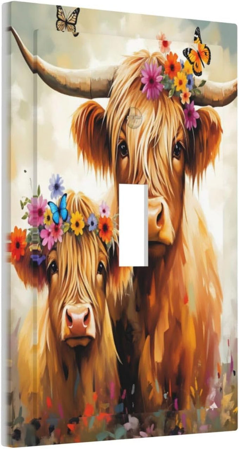 HTSAHKV 3 5 Inch Highland Cow Family Wall Plate Light Switch Cover Single Gang Outlet Faceplate Print Plate Cover X