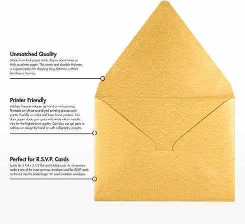 LUXPaper A2 Contour Flap Invitation Envelopes | Gold Metallic | 4 3/8" x 5 3/4" | 80lb. Text | 50 Qty