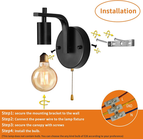 Glighone Set E26 Vintage Pull Chain Wall Lights of Two with Switch Wall Lamp,Black Wall Light Industrial Wall Lighting