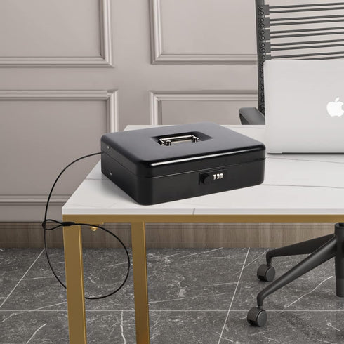 Cash Box with Combination Lock, Durable Metal Cash Box with Money Tray, Security Locker with Cable, Black