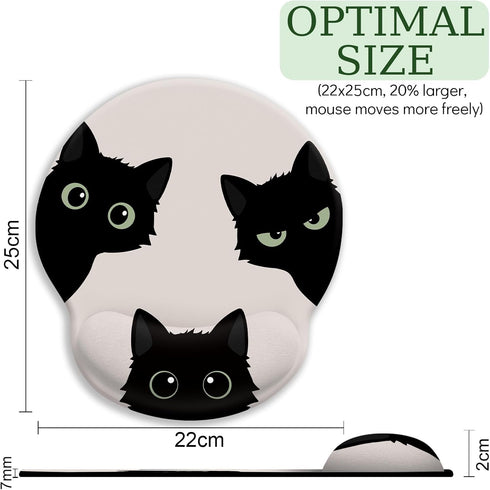 Funny Cat Mouse Pad, Ergonomic with Wrist Rest, Gaming Mouse Pad with Non-Slip Pain Relief PU Base, Black