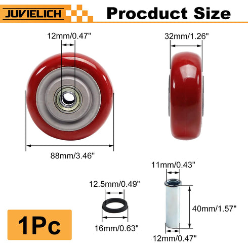 1Pc 3.5 Inch 3.5" 1.26" 3/8" Push Cart Wheels, x PU Caster Wheels Bearings Repair Kits with Axle, Heavy Duty