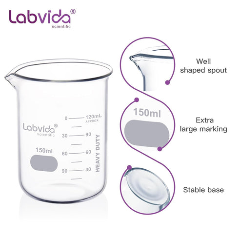 6pcs 150ml Upgraded Thick Glass Beakers, Griffin Low Form Beaker Set with Double Scale, 3.3 Boro, LVA006