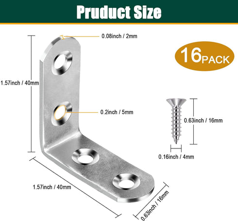 16 PCS Stainless Steel Corner Braces, 40mm x 40mm 90 Degree Right Angle Bracket Joints L Shaped Fastener with Screws