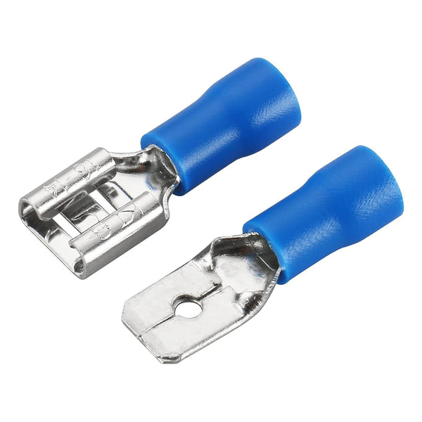Baomain 1/4" Female & Male Spade Connectors, 16-14 AWG Insulated Crimp Terminals, Blue (200-Pack)