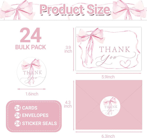 SMUAENSS 24 Pack Pink Bow Thank You Cards, Bowknot Bridal Shower Greeting Card with Envelopes and Stickers for Birthday
