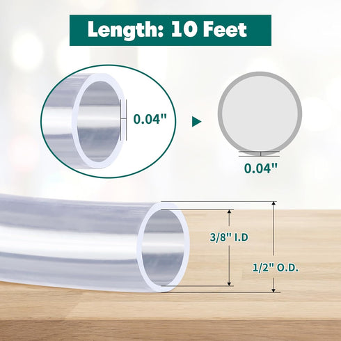 10 Feet - 3/8" ID x 1/2" OD Clear Vinyl Tubing, Flexible PVC Plastic Hose, BPA Free and Non Toxic