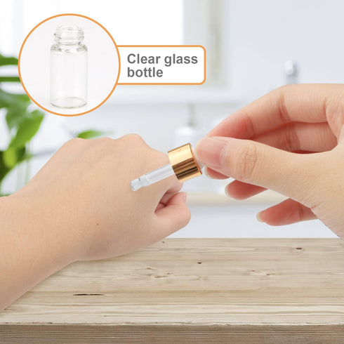 15Pcs Clear Glass Essential Oil Dropper Bottles - Mini 1ml/2ml/3ml with Gold Cap and White Latex