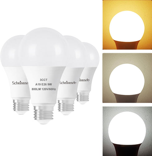 A19 3-Color LED Light Bulbs, Warm White, Daylight, Natural White, 9W (60 Watt Equivalent), 800 Lumen, E26 Base, 4 Pack
